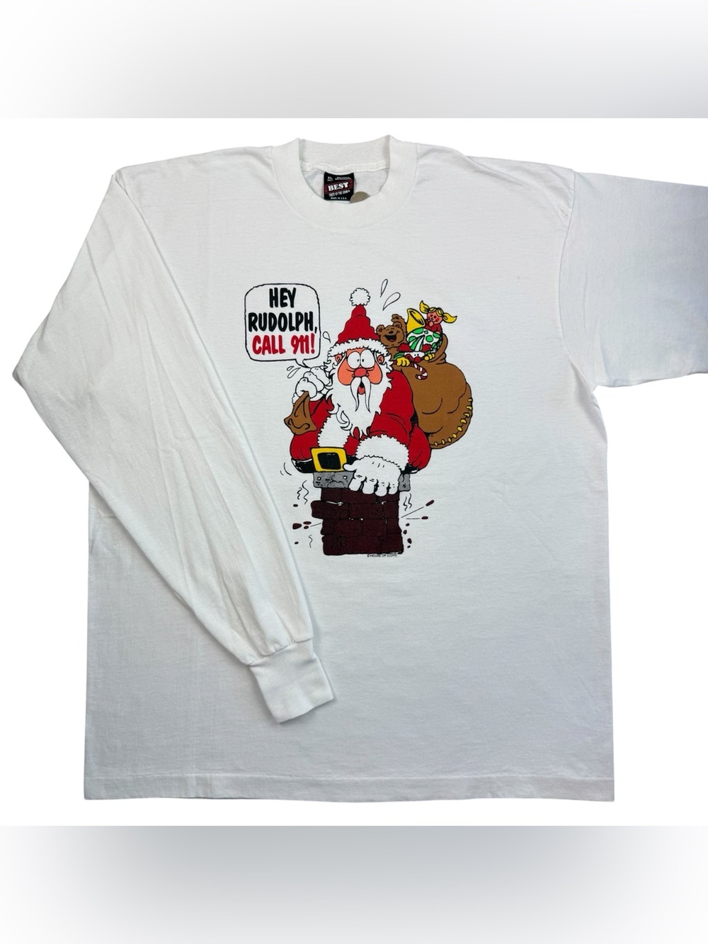 VTG 90s Santa Claus Hey Rudolph, Call 911! Funny Christmas Chimney LS t-shirt XL